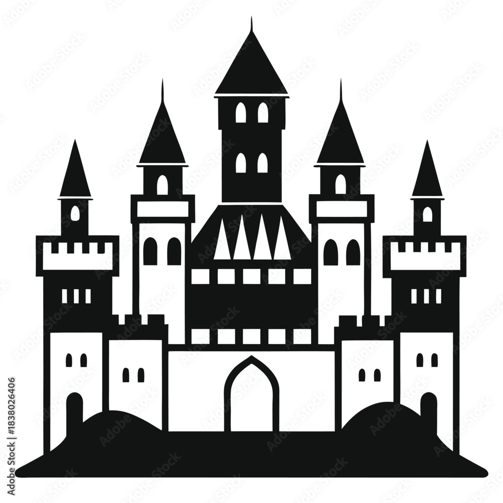 Obraz premium ancient castle with towers black and white silhouette on white background
