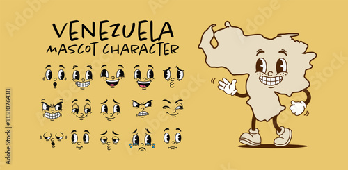 Vintage Venezuela country map mascot character with cartoon facial expression set