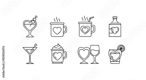 Collection of romantic drink icons featuring hearts in a simple line art silhouette style