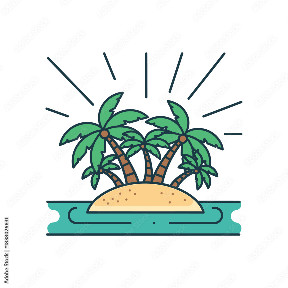 Obraz premium Tropical Island Paradise with Palm Trees and Sun Rays.