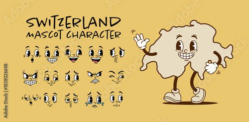Vintage Switzerland country map mascot character with cartoon facial expression set