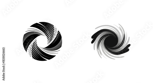 Two abstract black and white spiral designs with a dynamic, swirling motion.