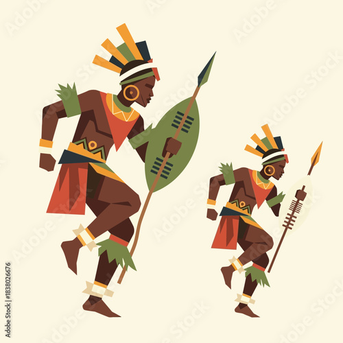 Two African tribal warriors in traditional attire with spears and shields.