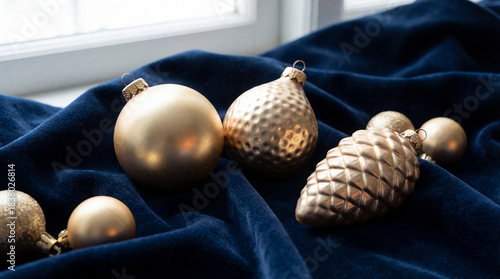 Elegant golden christmas ornaments on dark blue velvet fabric by a bright window creating a festive holiday atmosphere indoors