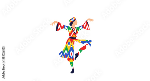 Vibrant abstract dancer in colorful geometric costume performing a dynamic pose.