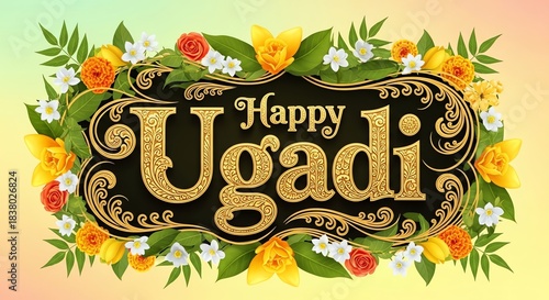 Happy Ugadi greeting with floral decoration
