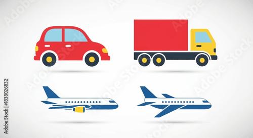 Various modes of transportation including a car, truck, and two airplanes.