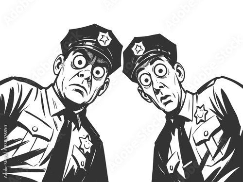 policemen leaning in and staring downward with shocked expressions sketch engraving generative ai fictional character vector illustration. Scratch board imitation. Black and white image.