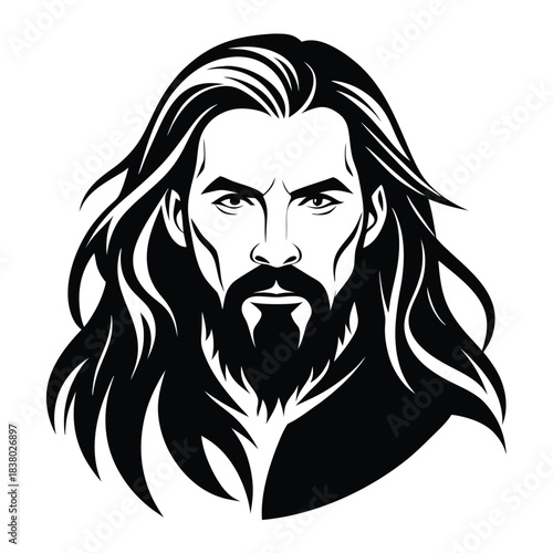 a long hair and bearded man black and white silhouette