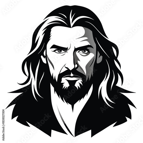 a long hair and bearded man black and white silhouette