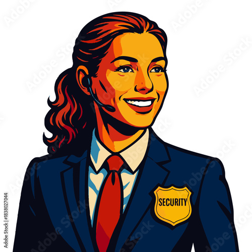 female security officer in a suit with badge and headset, confidently looking to the side. Generative ai vector colorful pop art illustration.