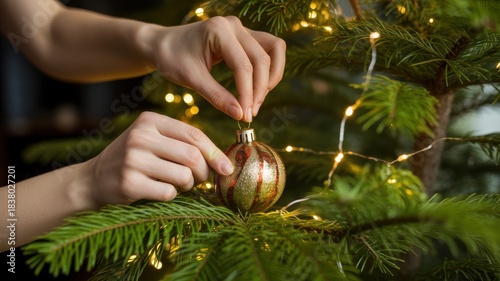 Hands decorating a christmas tree with a golden ornament and fairy lights