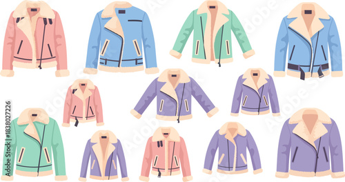 Colorful Leather Jackets in Pastel Shades Arranged on White Background