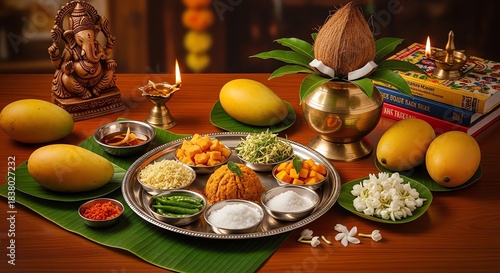 Indian religious offering with mangoes and coconut