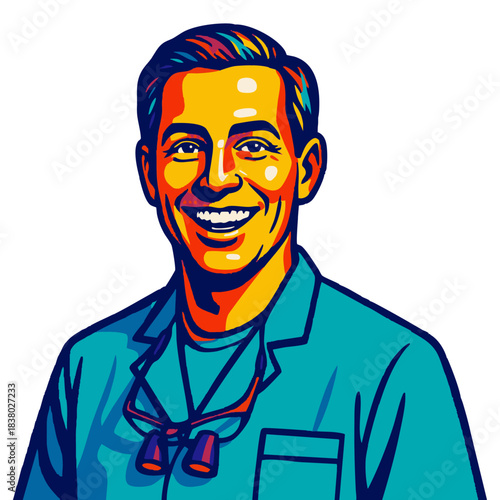 male dentist wearing scrubs and dental loupes around his neck, ready for work. Generative ai vector colorful pop art illustration.