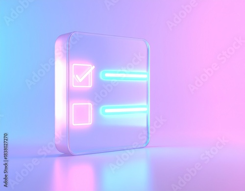 Checklist, to-do list, incomplete, Glossy white icon, vector like 3d illustration isolated on pink background, reflections, illuminated tasks with colorful light