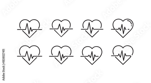 Collection of eight simple heart electrocardiogram line art silhouettes
