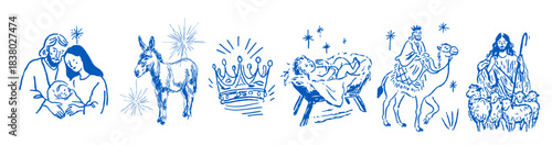 Traditional sketch illustrations of the christian nativity story and religious figures