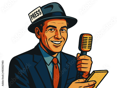 smiling male reporter in a suit and press hat, holding a microphone and notepad. Generative ai vector colorful pop art illustration.