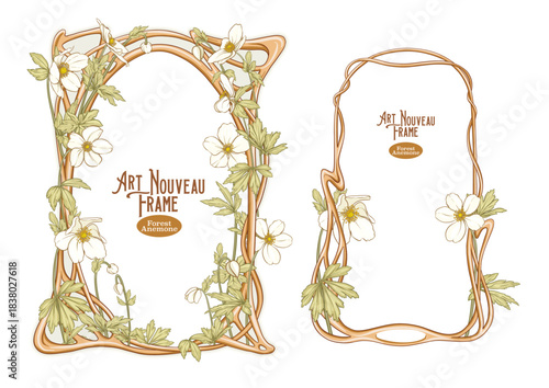 Set of art nouveau frames with floral ornaments, elegant botanical motifs and vintage decorative elements. Perfect for invitations, wedding cards, Victorian borders. Vector illustration, hand drawn.
