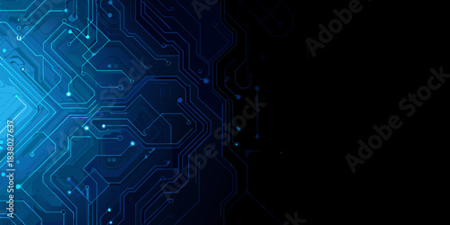 Abstract blue circuit board pattern with a dark gradient background
