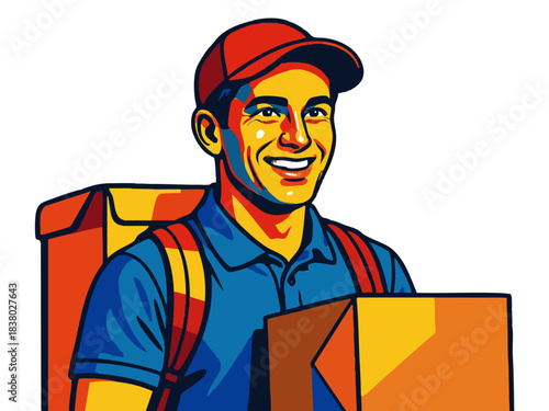 cheerful male delivery worker in red uniform and cap, holding a cardboard box. Generative ai vector colorful pop art illustration.