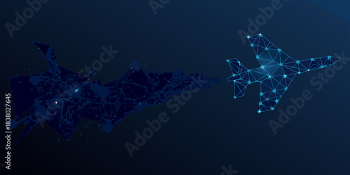 A futuristic depiction of an airplane transforming into a polygonal form