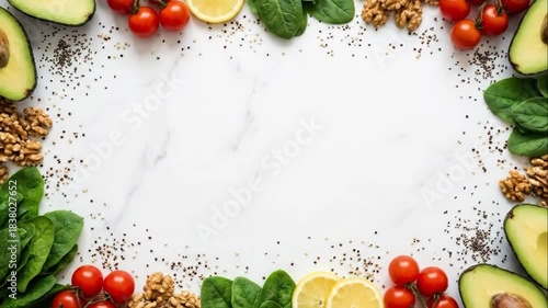 Stop motion of healthy food ingredients forming a frame on a white marble background. Fresh vegetables and fruits including avocado and tomato. Nutrition concept with copy space