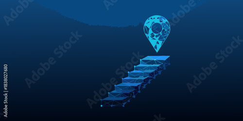 Abstract blue staircase leading to a glowing polygonal location pin