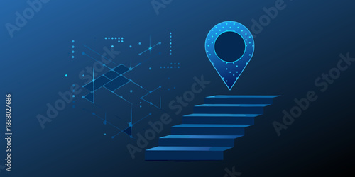 Abstract digital location pin rising on steps with a network background