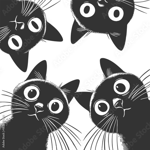 Adorable group of curious black cats with big eyes peering downward sketch engraving generative ai fictional character vector illustration. Scratch board imitation. Black and white image.