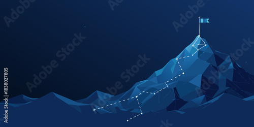 A polygonal mountain peak with a dotted path leading to the summit