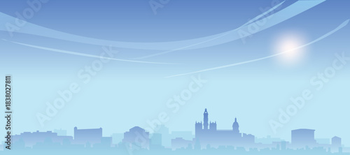 Blue panoramic poster of the city skyline with misty background buildings and clouds of VALENCIA, SPAIN