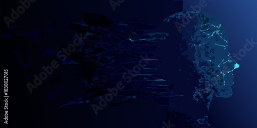 Abstract digital art featuring a human profile in shades of blue