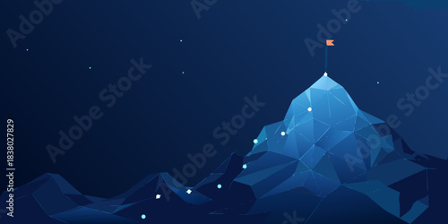 A polygonal mountain peak with a flag illuminated under a starry night sky