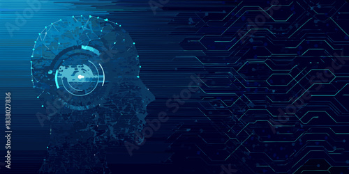 Digital human head with technological circuits and glowing central focus point