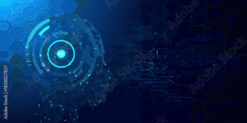 Digital human face formed from technological circuits and hexagonal patterns