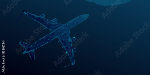 A low angle view of an airplane depicted as a blue wireframe design
