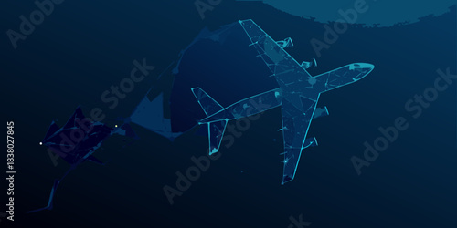 A digital illustration of an airplane and a shark underwater blue tones