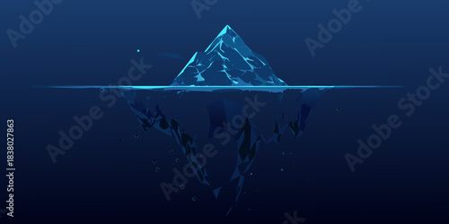 A striking illustration of a polygonal iceberg floating in deep blue water