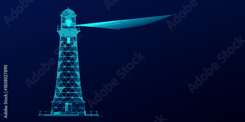A futuristic polygonal lighthouse beaming a bright light into the dark night