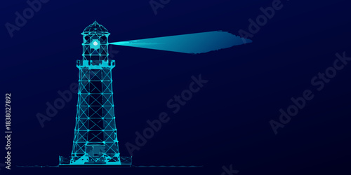 A glowing polygonal lighthouse beam shines brightly into the dark night