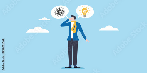 Man contemplating a tangled mess versus a bright idea in thought