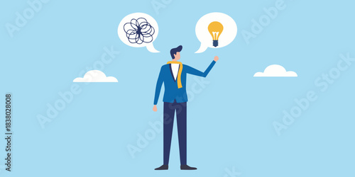 A man contemplates transitioning from confused thoughts to a bright idea