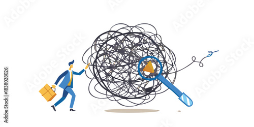 A businessman attempting to unravel a complex knot with a magnifying glass