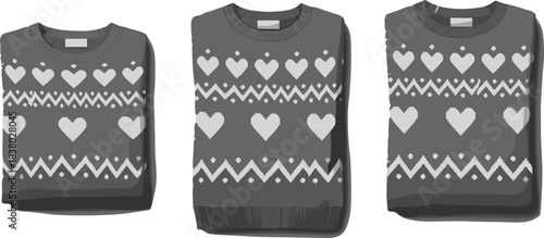 Folded sweater, heart pattern, zigzag knit, cozy winter fashion, textile design, garment layout, retail display, warm clothing, flat lay, symmetry