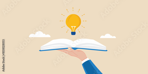 A glowing lightbulb rising from an open book held by a hand