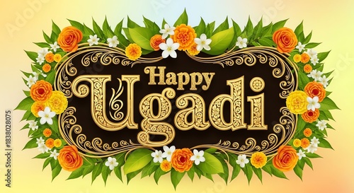Happy Ugadi greeting with floral decoration