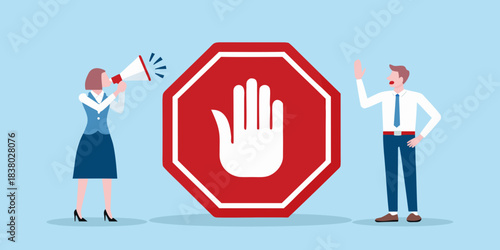 A woman announces a stop order to a man with a gesture