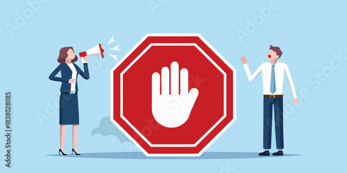 Businesswoman announcing a stop with a stop sign and a hand gesture